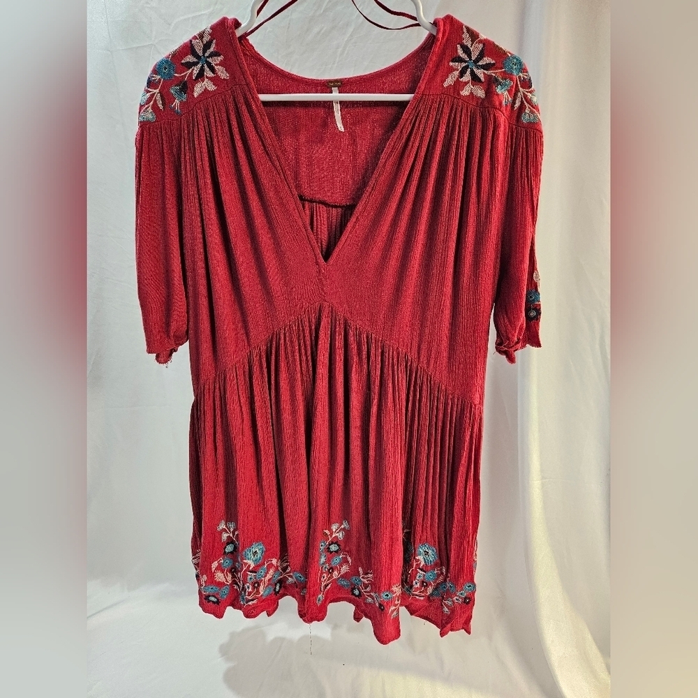 Free People Boho Embroidered Te Amo Mini Dress Red Combo SZ M